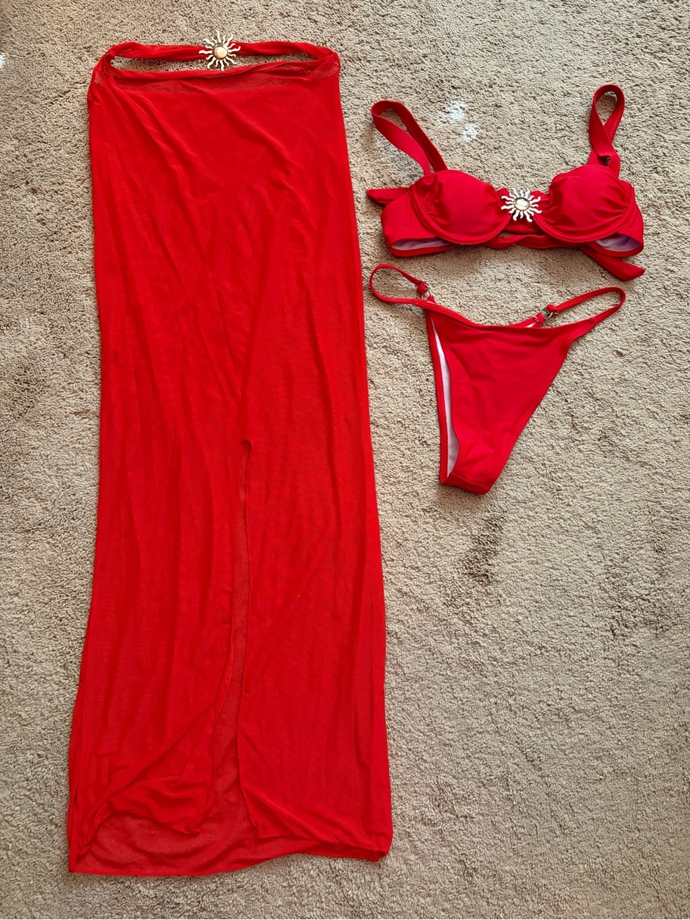 Pretty Little Thing Red 3pc Set Bikini Top, Bottom & Maxi Skirt Gold Sun Trim XS